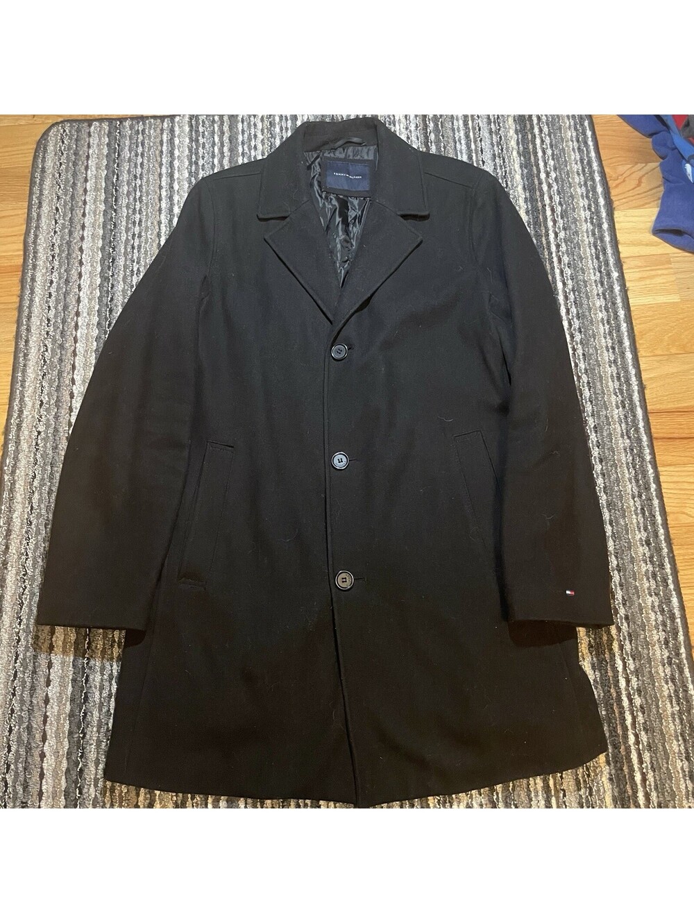 Tommy Hilfiger Black Overcoat Men's M Long Topcoat Button Closure Solid Wool